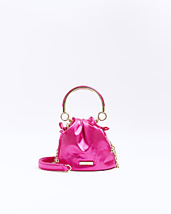 Pink drawstring satin bucket bag