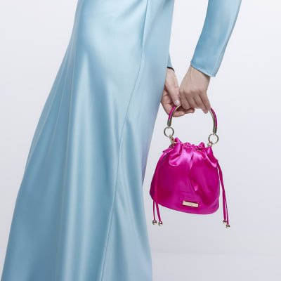 Pink drawstring satin bucket bag River Island