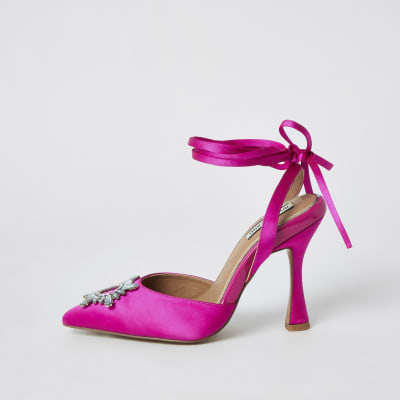 Pink embellished ankle tie court shoes | River Island