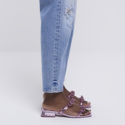 Pink embellished bow slides River Island