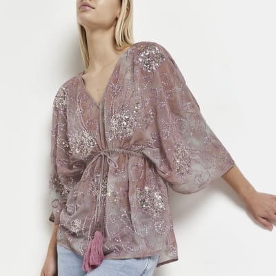 Pink embellished kimono River Island