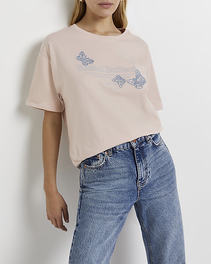 Pink embroidered butterfly oversized t-shirt
