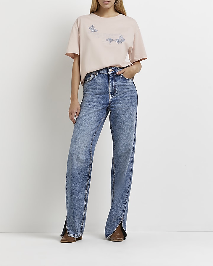 Pink embroidered butterfly oversized t-shirt