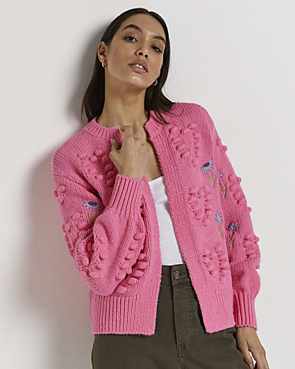 Pink embroidered chunky knit cardigan