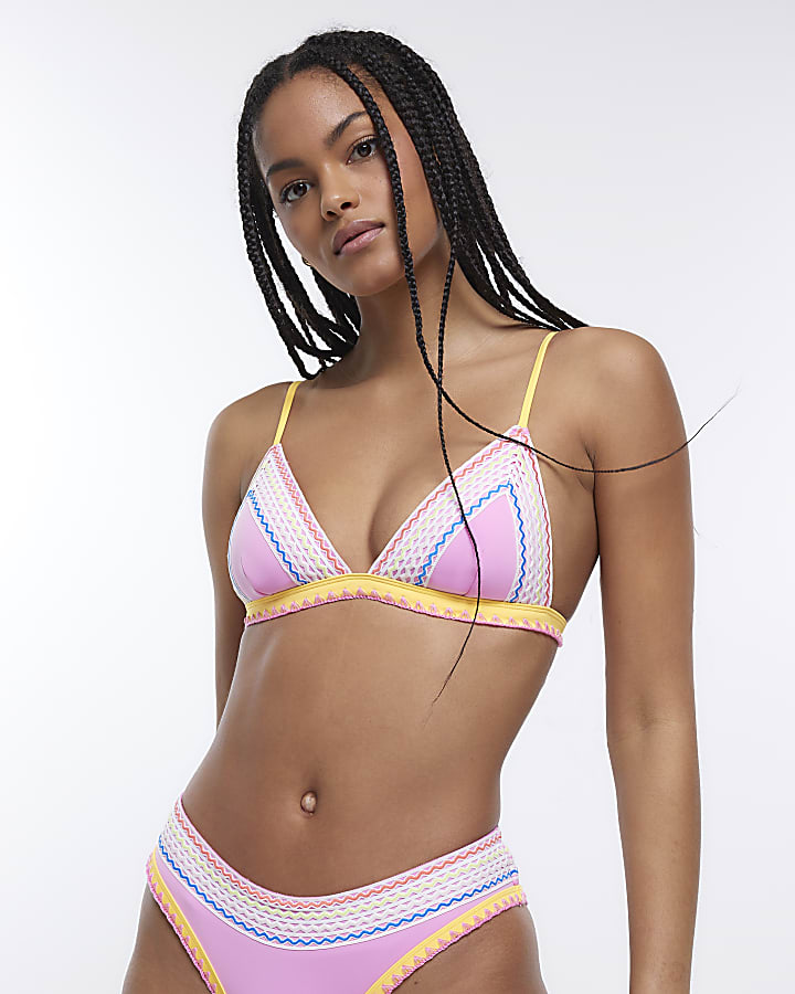 Pink Embroidered Elastic Triangle Bikini Top