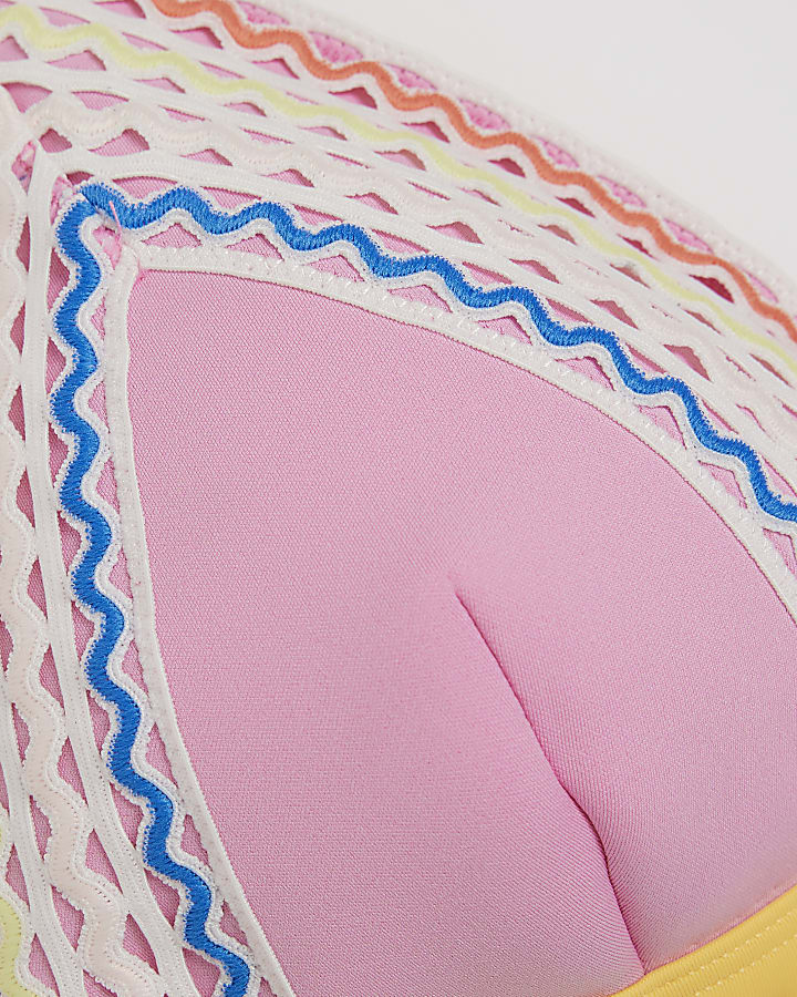 Pink Embroidered Elastic Triangle Bikini Top