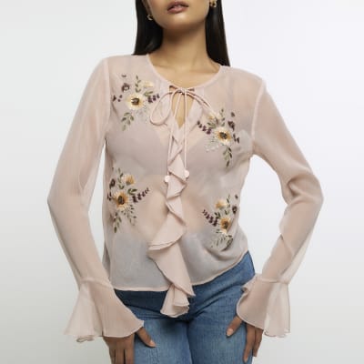 Pink embroidered floral blouse River Island