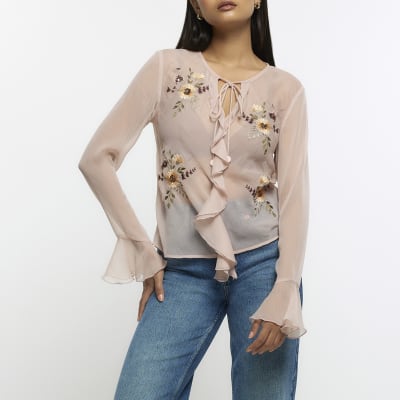 Pink embroidered floral blouse