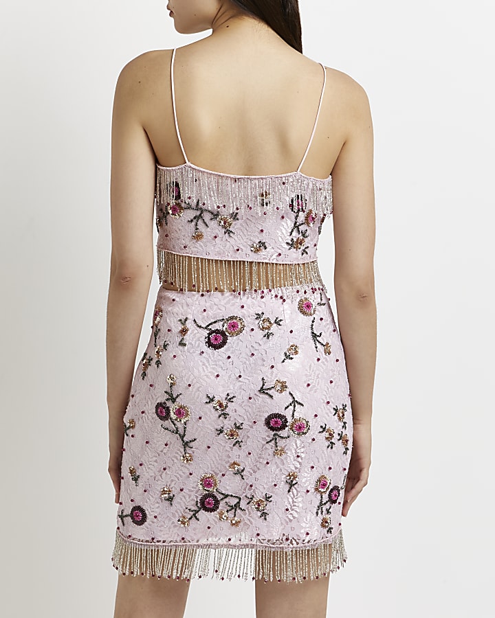 Pink embroidered floral sequin cami top