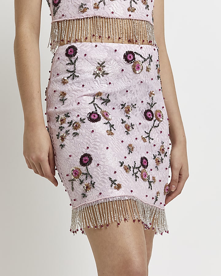 Pink embroidered floral sequin mini skirt