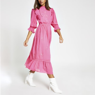 pink midi dress with sleeves Off 69% - www.otostech.com