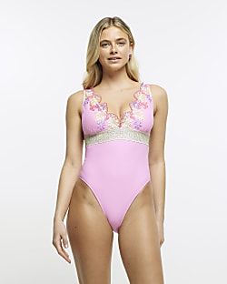 Pink embroidered plunge swimsuit