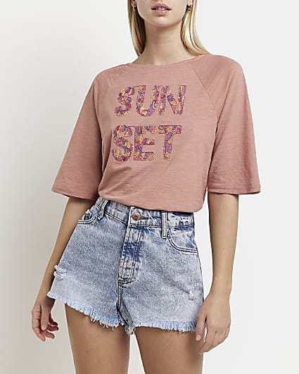 Pink embroidered slogan t-shirt