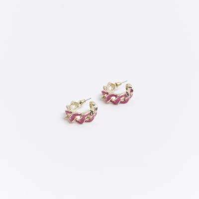 Pink enamel chain hoop earrings