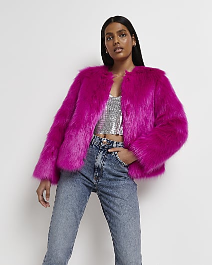 Pink faux fur boxy coat