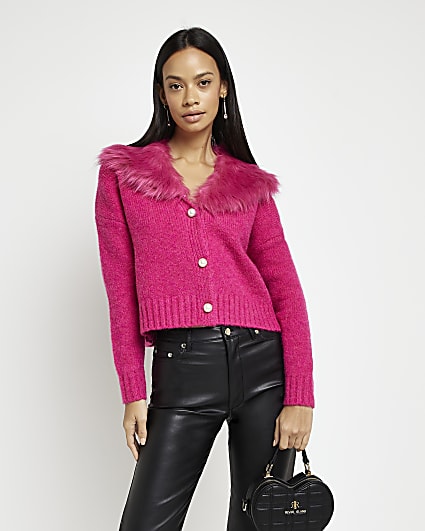 Pink faux fur collar cardigan