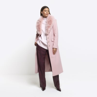 River Island Pink Faux Fur Detail Longline Coat