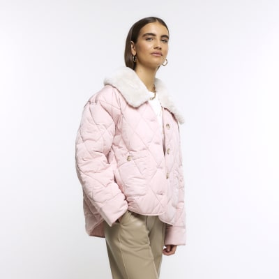 River Island faux fur jacket in light pink