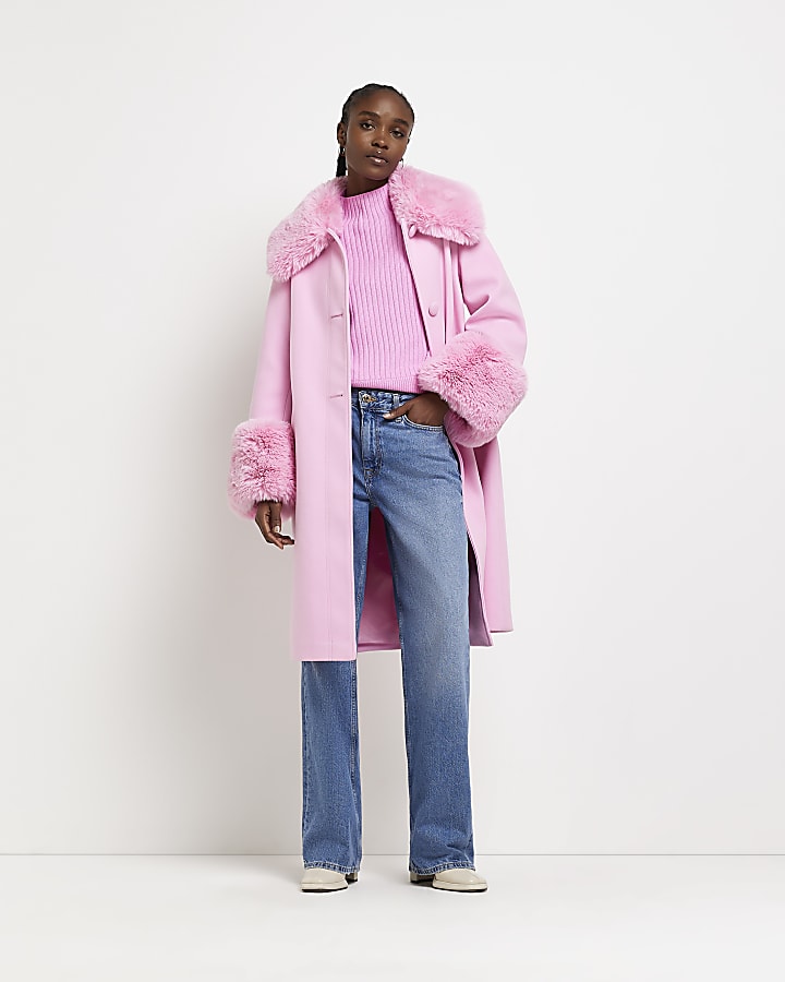 Pink faux fur detail longline coat