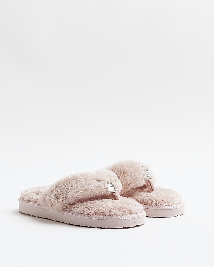 Pink faux fur flip flop slippers