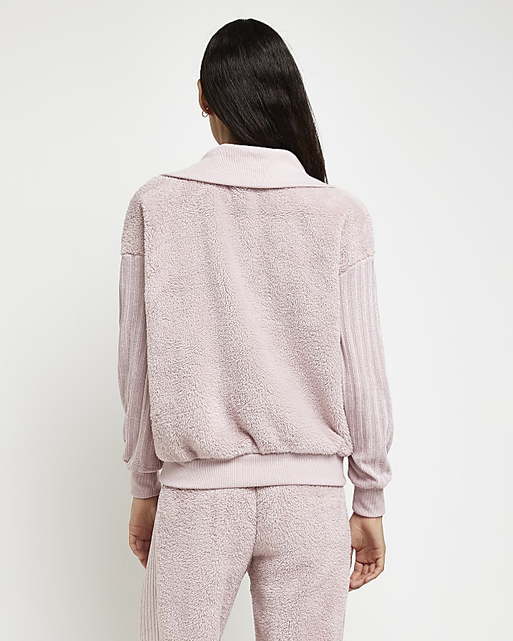 Pink faux fur half zip sweatshirt