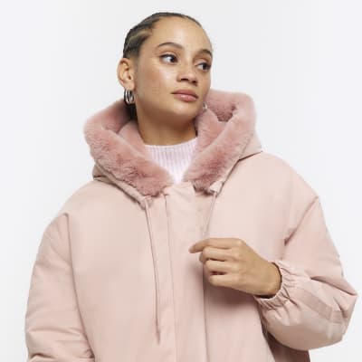 Pink faux fur lining parka coat River Island