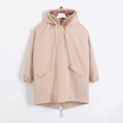 Pink faux fur lining parka coat River Island