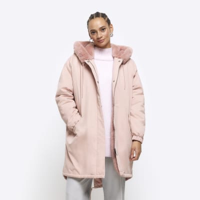 River Island Pink Faux Fur Detail Longline Coat