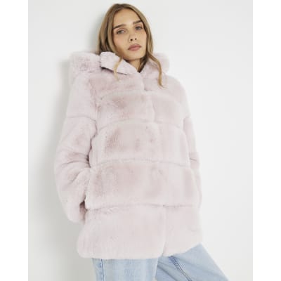 Pink Faux Fur Panelled Hooded Coat River Island