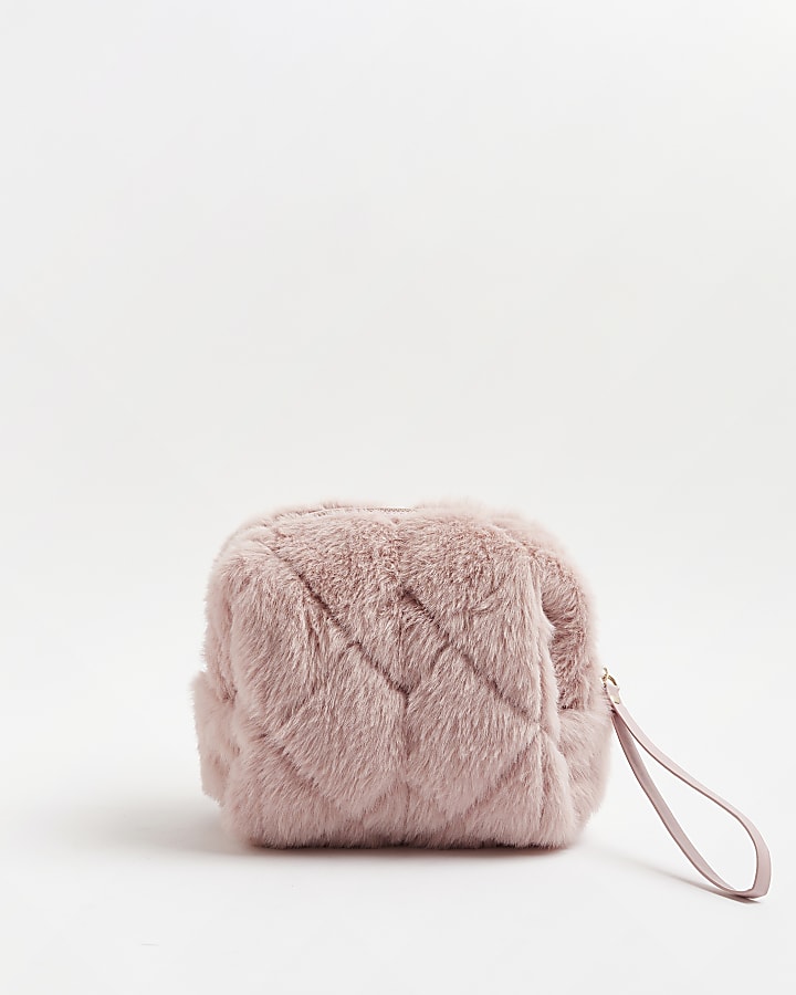 Pink faux fur quilted makeup bag