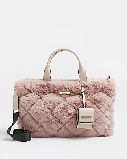 Pink faux fur quilted tote bag
