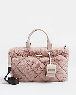 Pink faux fur quilted tote bag
