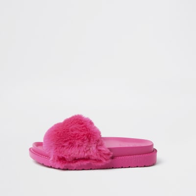 womens faux fur sliders