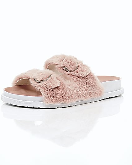 360 degree animation of product Pink faux fur strap sandals frame-0