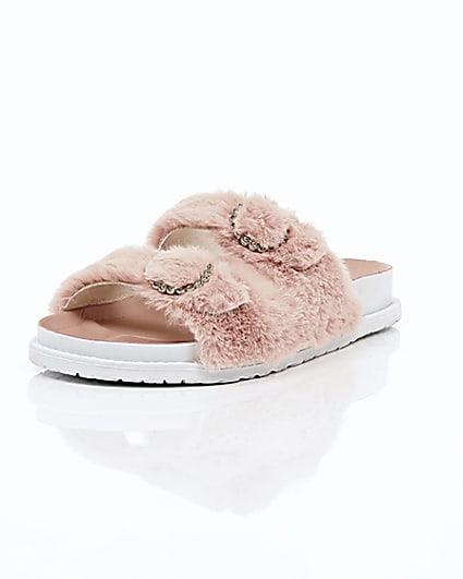 360 degree animation of product Pink faux fur strap sandals frame-1