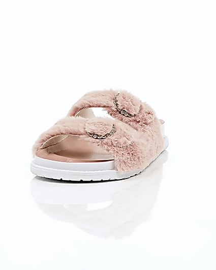 360 degree animation of product Pink faux fur strap sandals frame-2