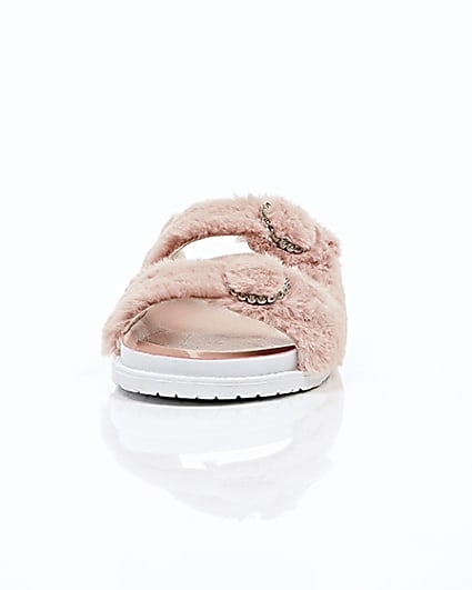 360 degree animation of product Pink faux fur strap sandals frame-3