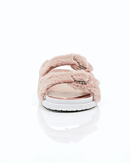 360 degree animation of product Pink faux fur strap sandals frame-4