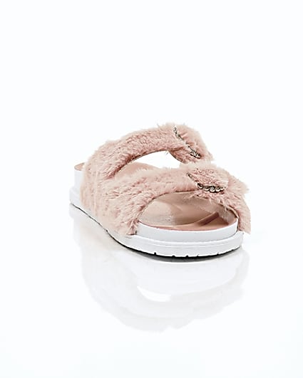 360 degree animation of product Pink faux fur strap sandals frame-5