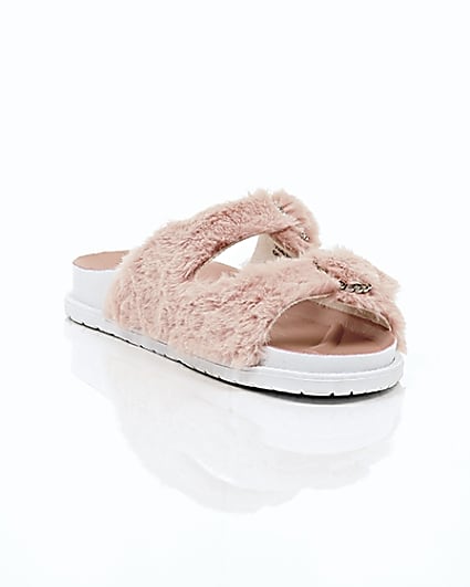 360 degree animation of product Pink faux fur strap sandals frame-6