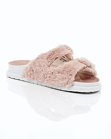 360 degree animation of product Pink faux fur strap sandals frame-7