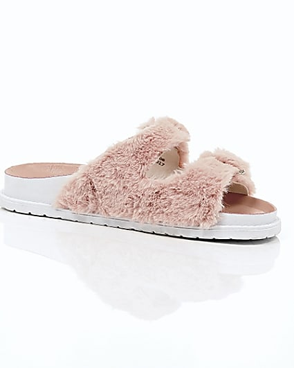 360 degree animation of product Pink faux fur strap sandals frame-8