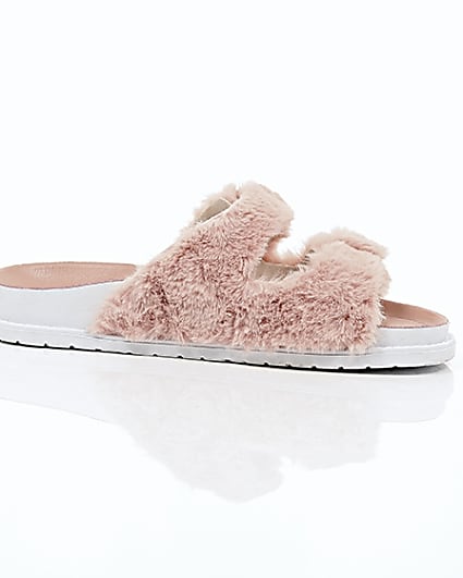 360 degree animation of product Pink faux fur strap sandals frame-9