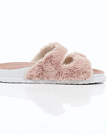 360 degree animation of product Pink faux fur strap sandals frame-10