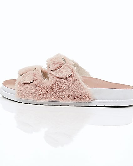 360 degree animation of product Pink faux fur strap sandals frame-21