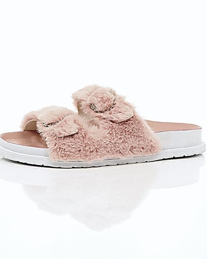 360 degree animation of product Pink faux fur strap sandals frame-23
