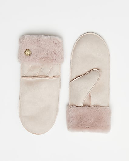 Pink faux fur trim mittens
