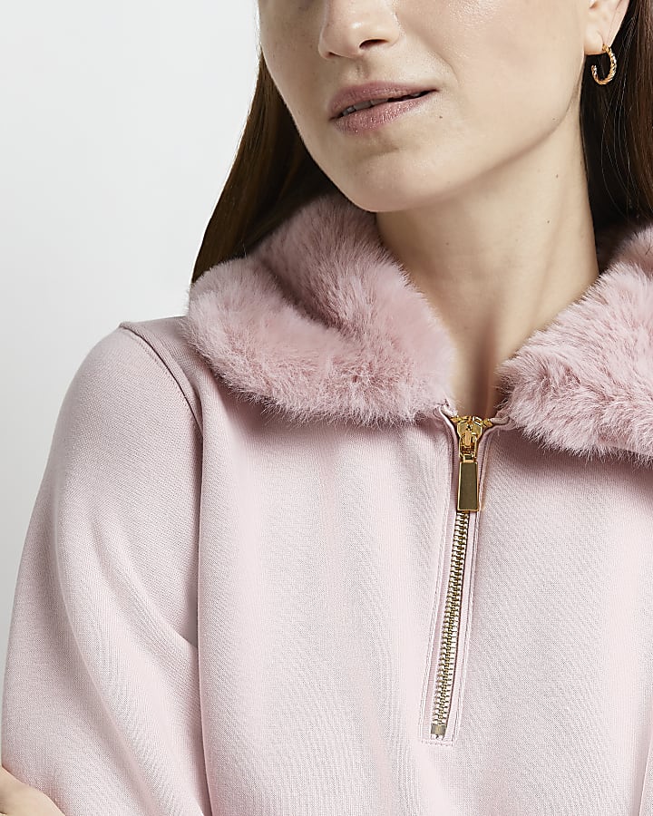 Pink Faux Fur Trim Sweatshirt River, River Island Wrap Coat With Faux Fur Collar And Cuffs In Pink