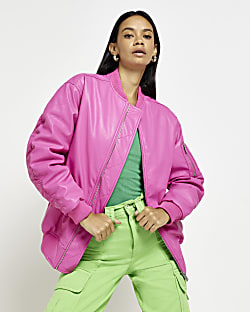 Pink faux leather bomber jacket