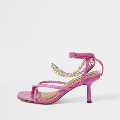 Pink faux leather chain mid heel sandal